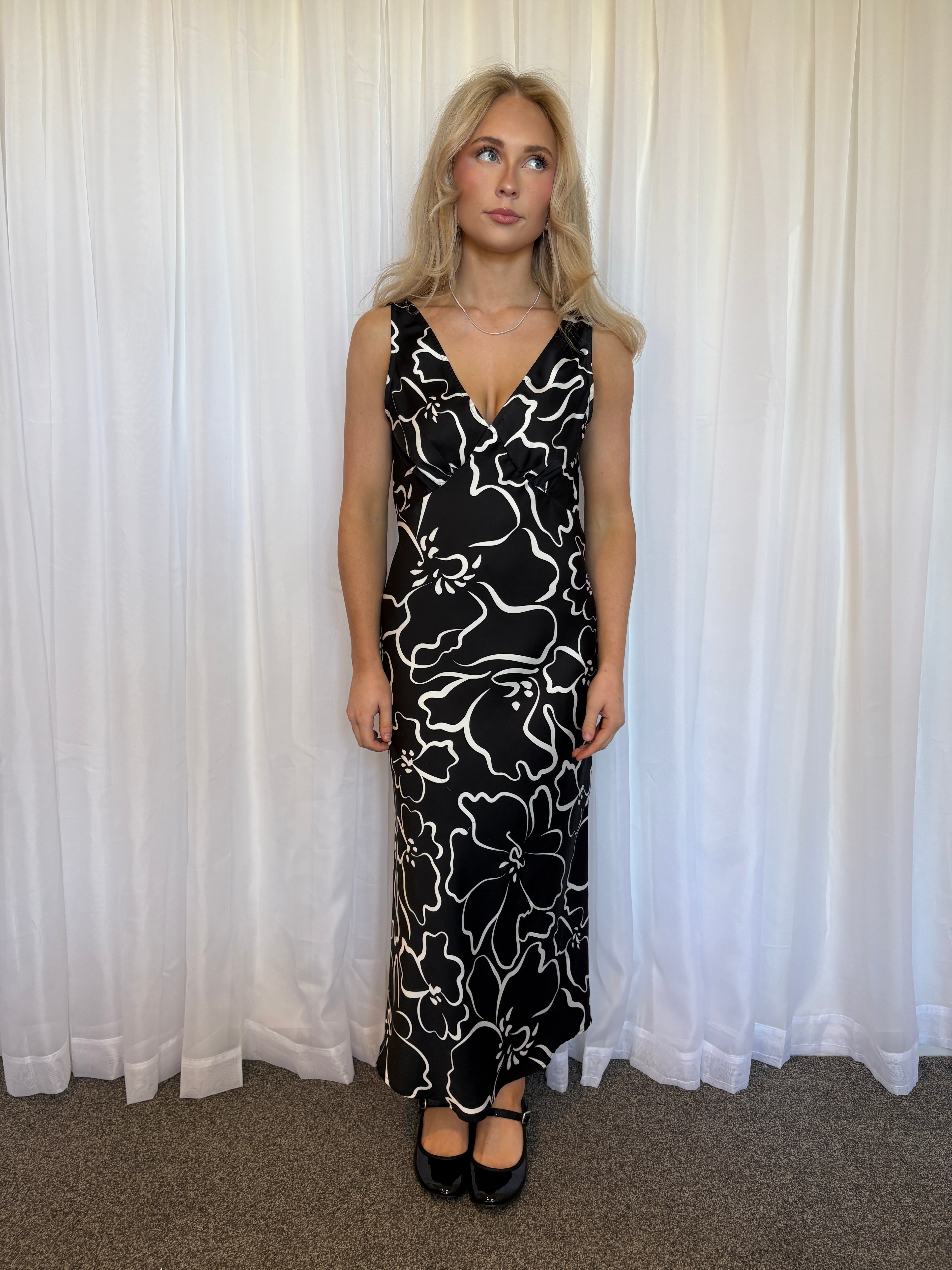 Whistle Black & White Floral Satin Maxi Dress Size 8