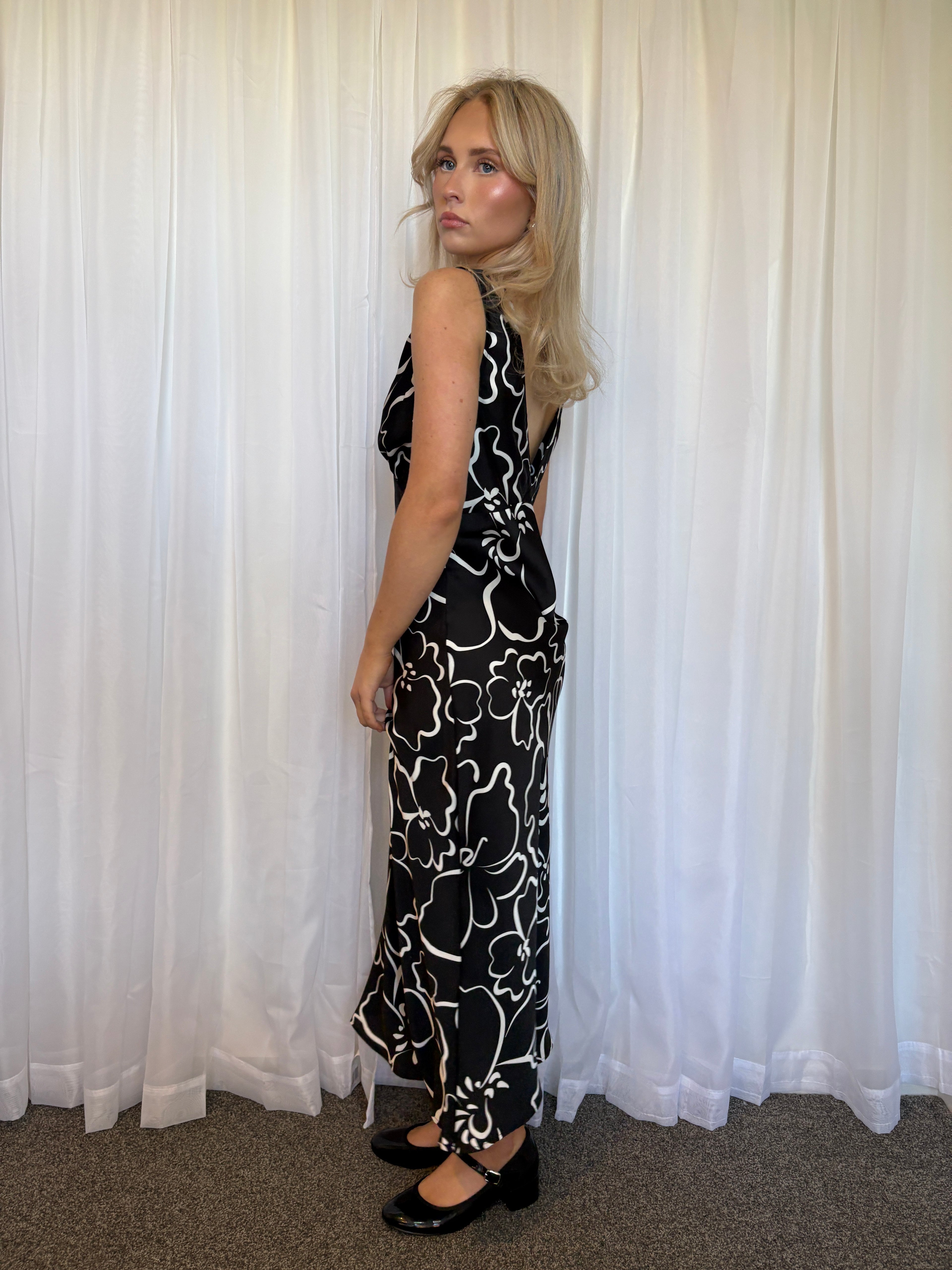 Whistle Black & White Floral Satin Maxi Dress Size 8