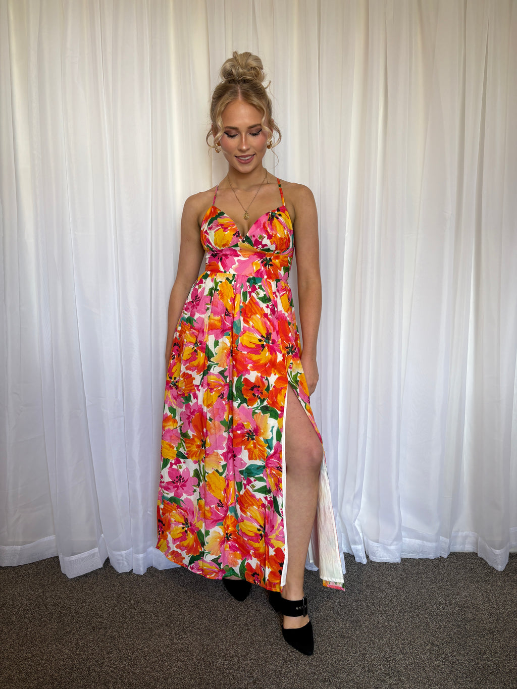 Shairah Gathered Tie-Back Ruffle Hem Midi Dress - In Bloom Size 8