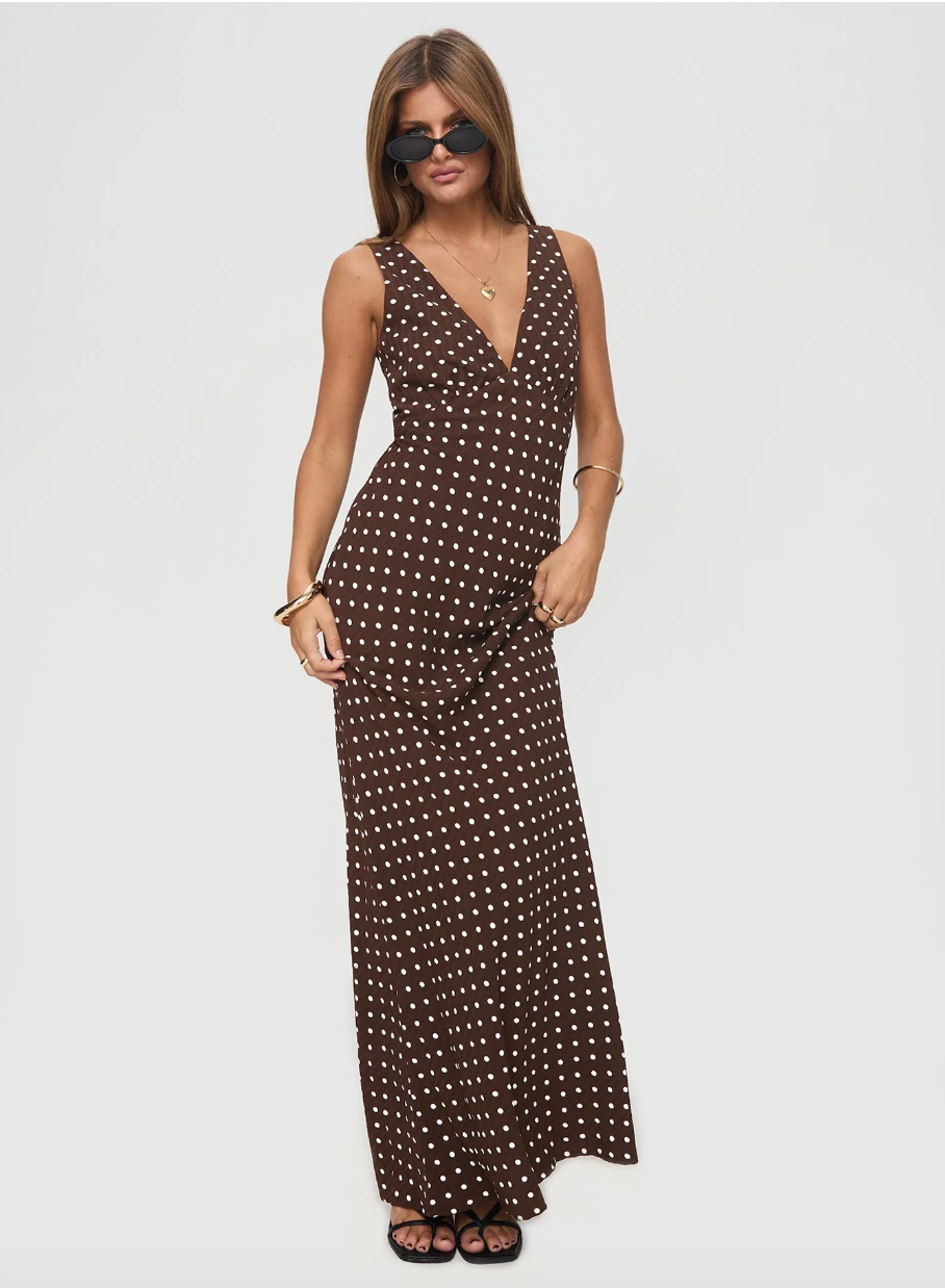 Nellie Maxi Dress - Brown Polka Dot Size 12