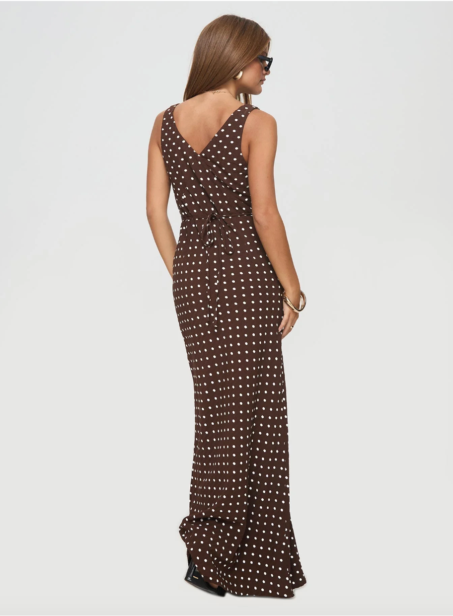 Nellie Maxi Dress - Brown Polka Dot Size 12
